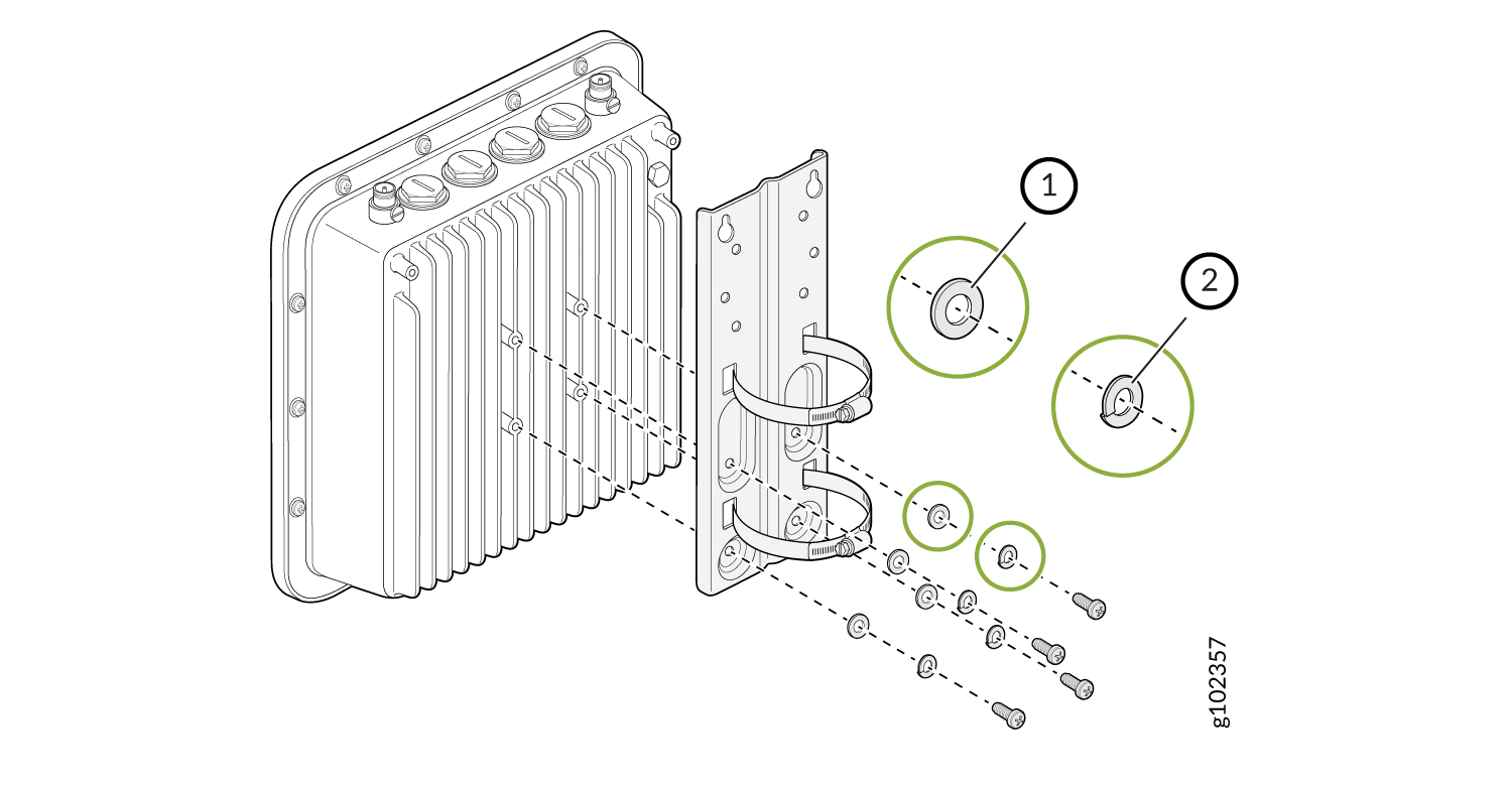 Exploded view diagram showing assembly of an electronic device with a heat sink on a mounting bracket using screws and washers.