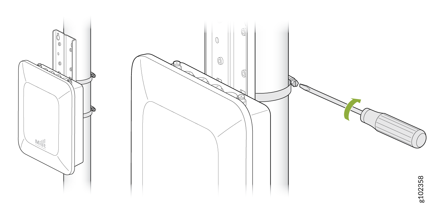 Mist wireless access point being installed on a pole with a mounting bracket and clamps using a screwdriver.