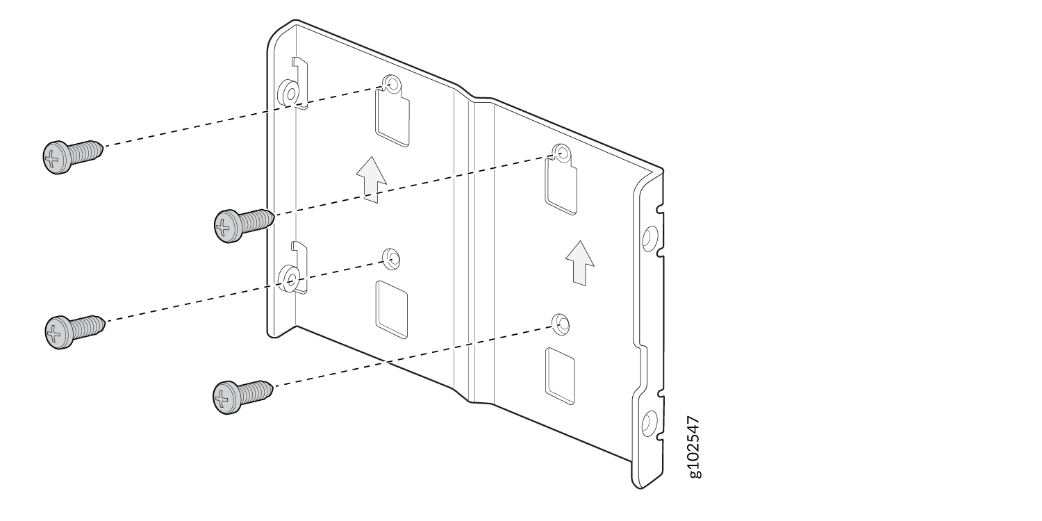 Exploded view of a metal bracket with arrows for orientation and dashed lines showing screw alignment.