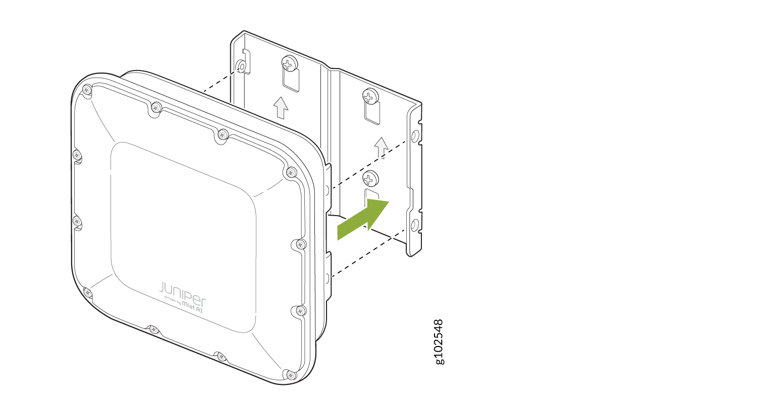 Exploded view of Juniper Networks outdoor access point with mounting bracket and arrows showing alignment process.