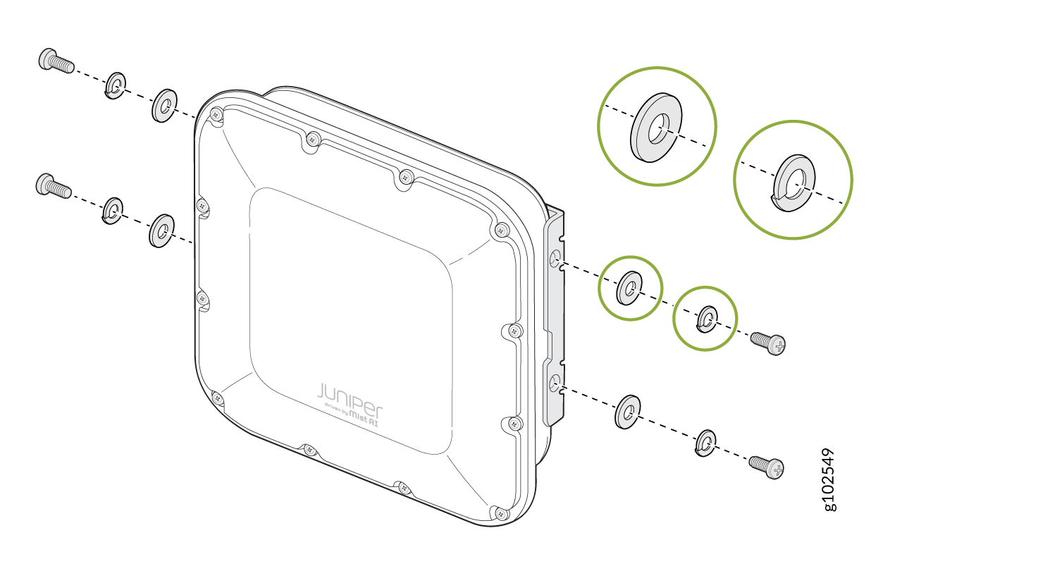 Exploded view of Juniper Networks device showing assembly of screws and washers for enclosure fastening
