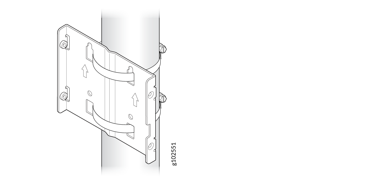 Technical drawing of a mounting bracket attached to a cylindrical pole with bolts and straps, indicating installation direction.