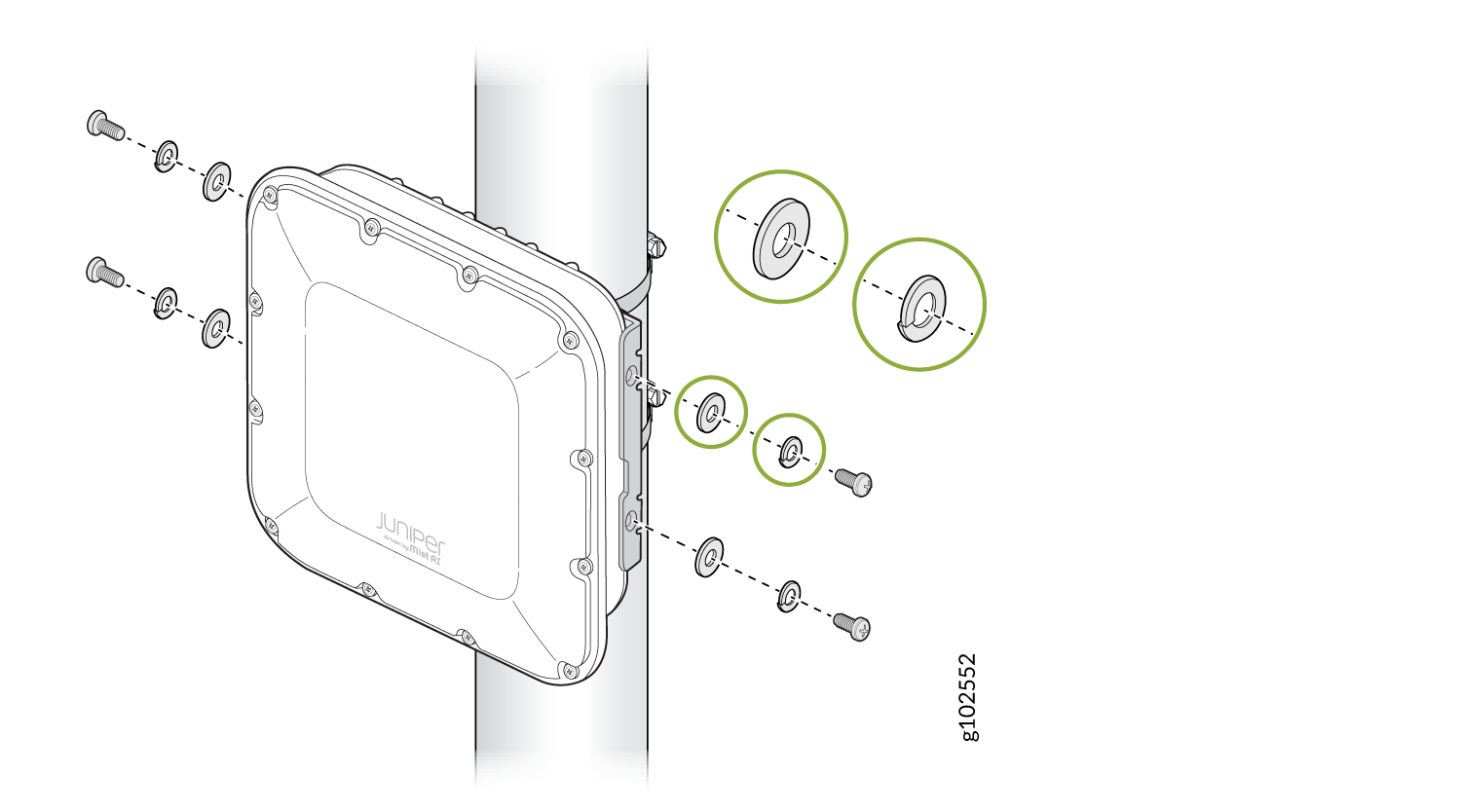Juniper outdoor wireless access point installation on pole with exploded views of screws and washers for assembly.