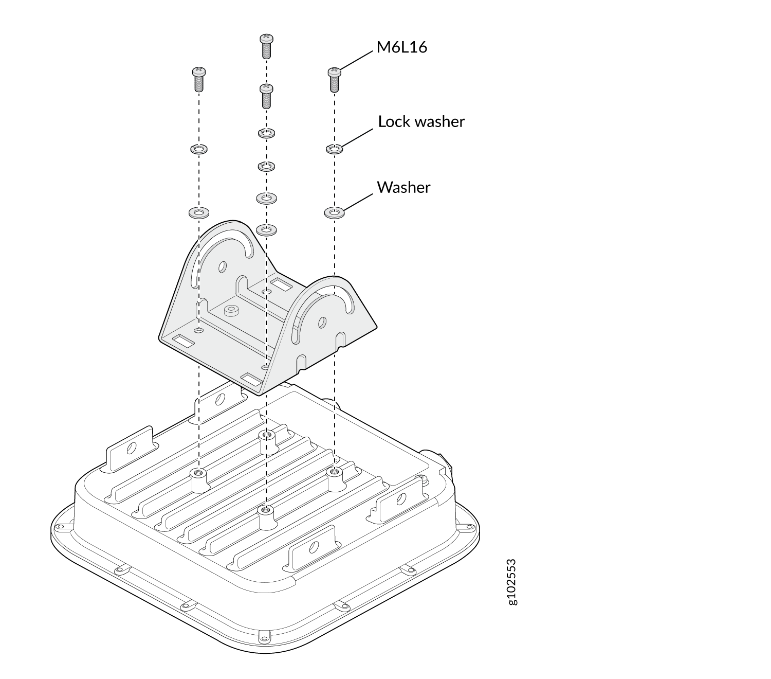 Exploded view of a mechanical assembly showing a base component with fins, a curved bracket, and fasteners labeled M6L16 with washers.