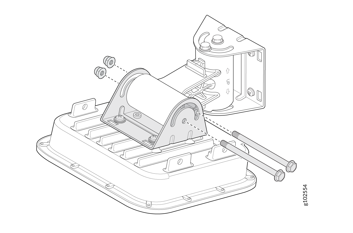 Exploded view of a mechanical assembly with a bracket, bolts, nuts, and base plate, demonstrating component alignment.