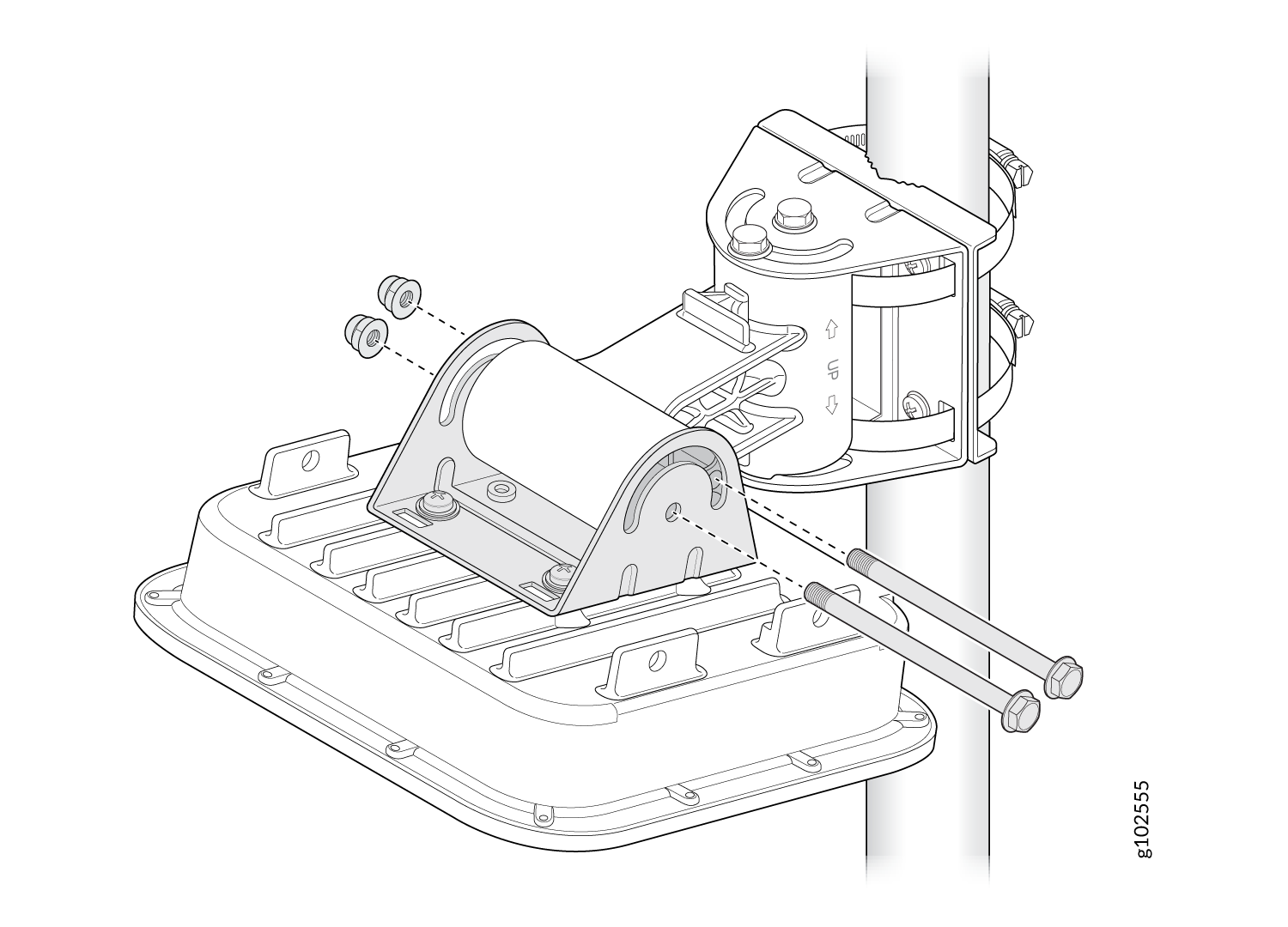 Exploded view of a mounting bracket assembly for a device, showing components like bolts and nuts attaching to a pole.