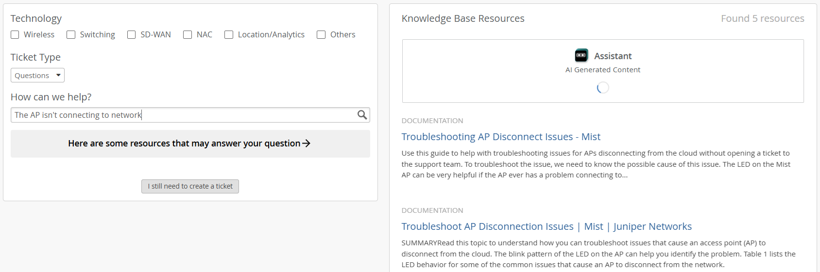 Support ticket interface for network issues: technology checkboxes, Ticket Type dropdown for issue selection, input field with user query about AP connection, suggested resources, Knowledge Base articles on AP disconnection, AI assistant section, and Create Ticket button for unresolved issues.