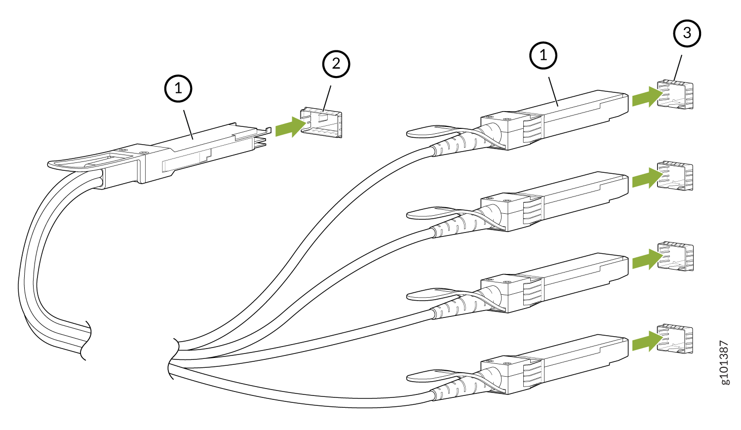 Diagram of cable assembly with connectors showing attachment process. Labeled parts: main connector, protective cap, and end connectors. Arrows indicate cap attachment direction.