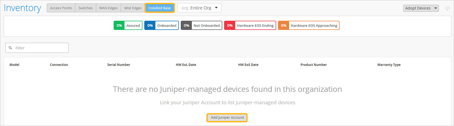 Add Juniper Account Button on the Installed Base Page