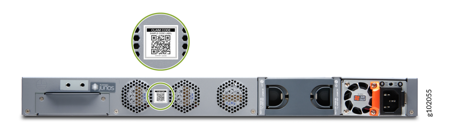 Rear view of a Juniper Networks device with a QR code for registration, cooling fans, power supply unit with AC input, and rack handle.