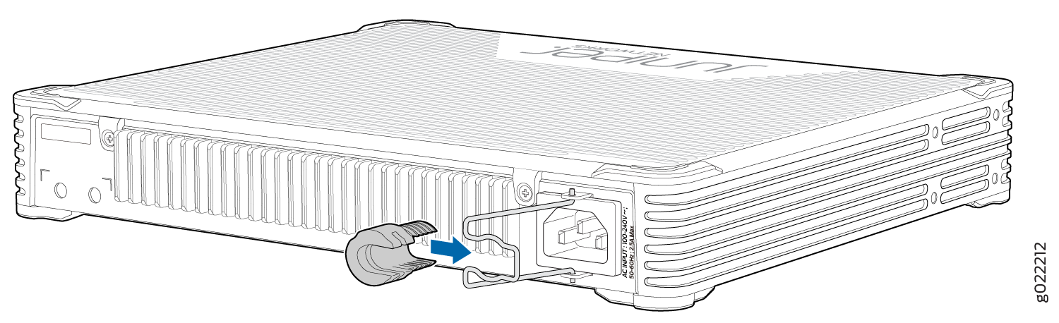 Connecting an AC Power Cord Retainer Clip to the AC Power Cord Inlet on EX2300-C Switches