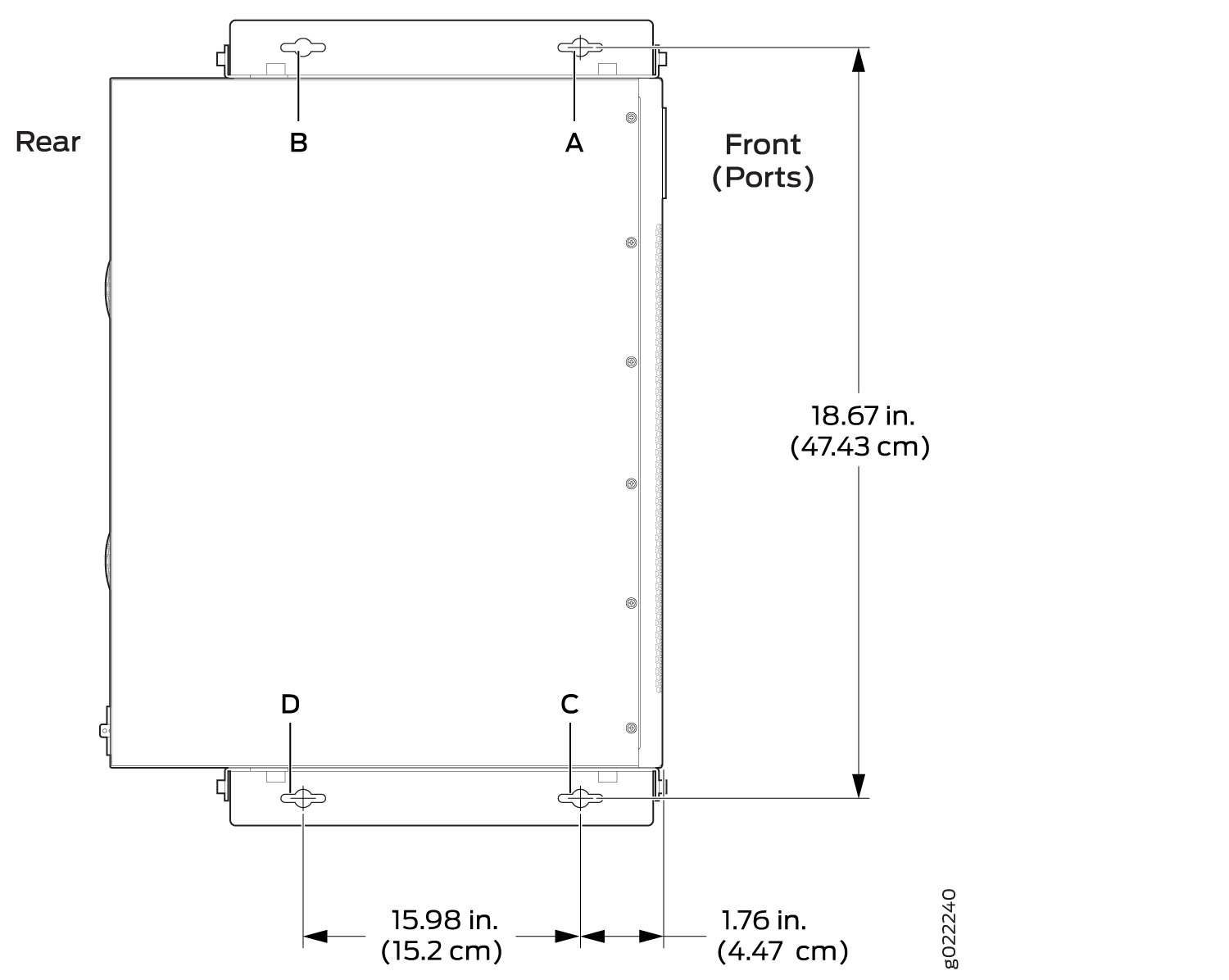Measurements for Installing Mounting Screws to Mount an EX2300 Switch Except the EX2300-24MP and EX2300-48MP Models and the EX2300-C Switch on a Wall
