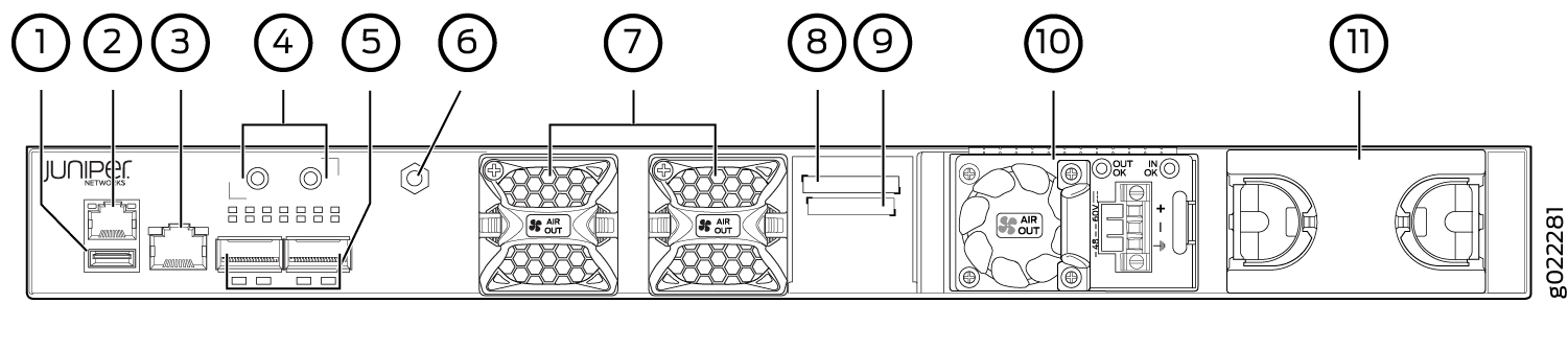 Rear Panel of an EX3400 Switch with a DC Power Supply