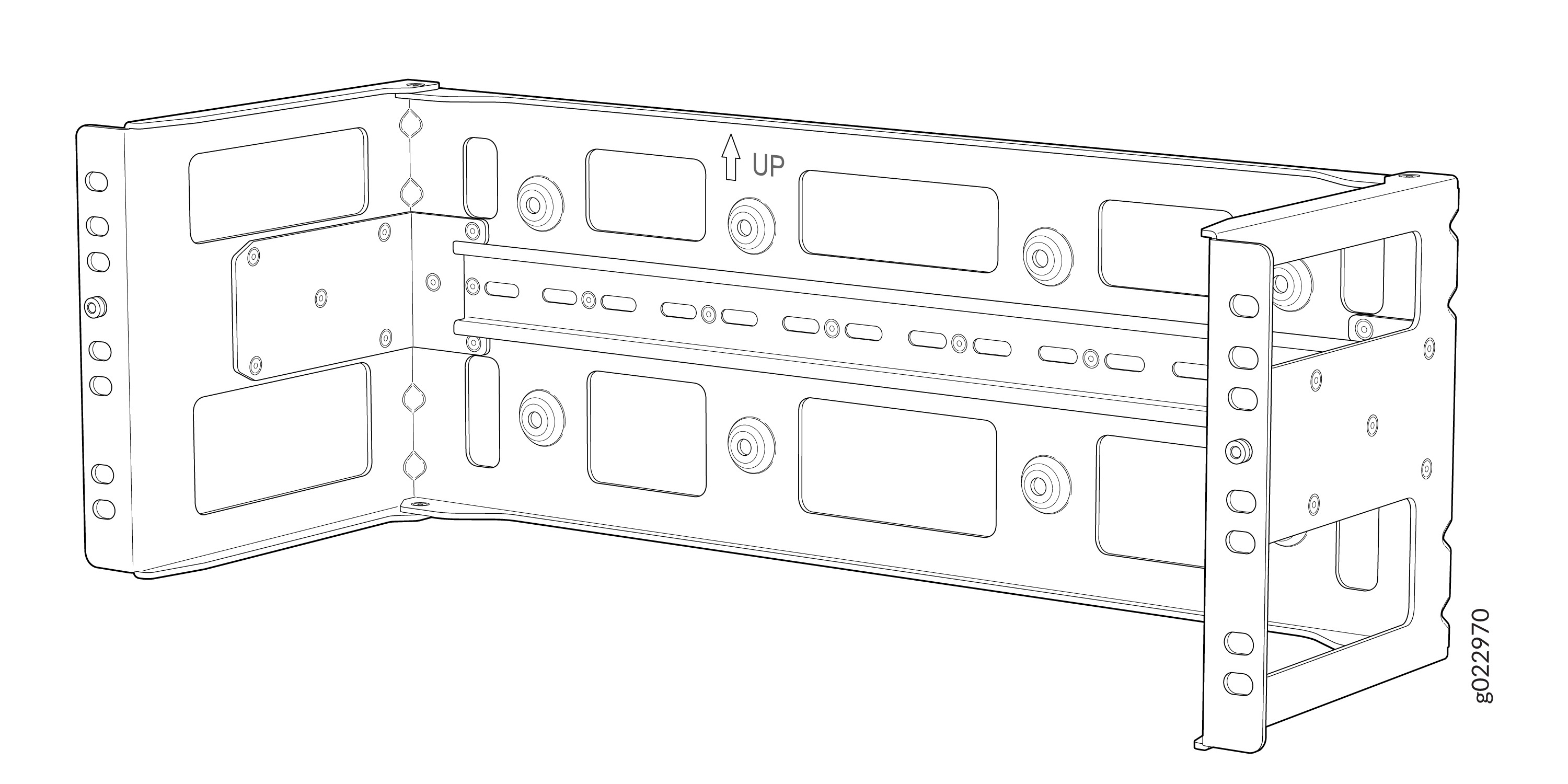 Technical drawing of a metal bracket for structural support with UP arrow for installation orientation.