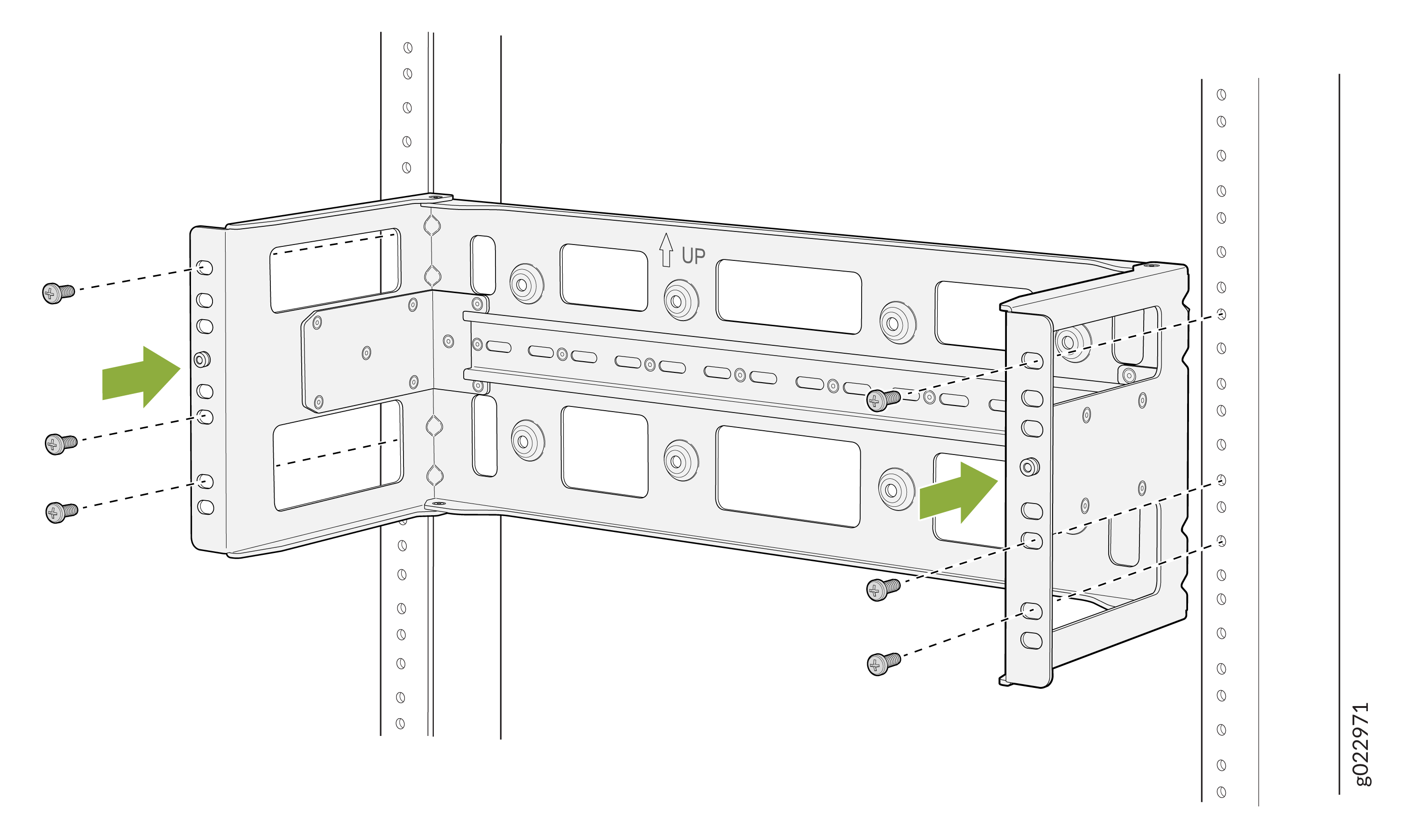 Assembly diagram for mounting a bracket onto a wall with screws. Arrows show direction. "UP" label indicates orientation.
