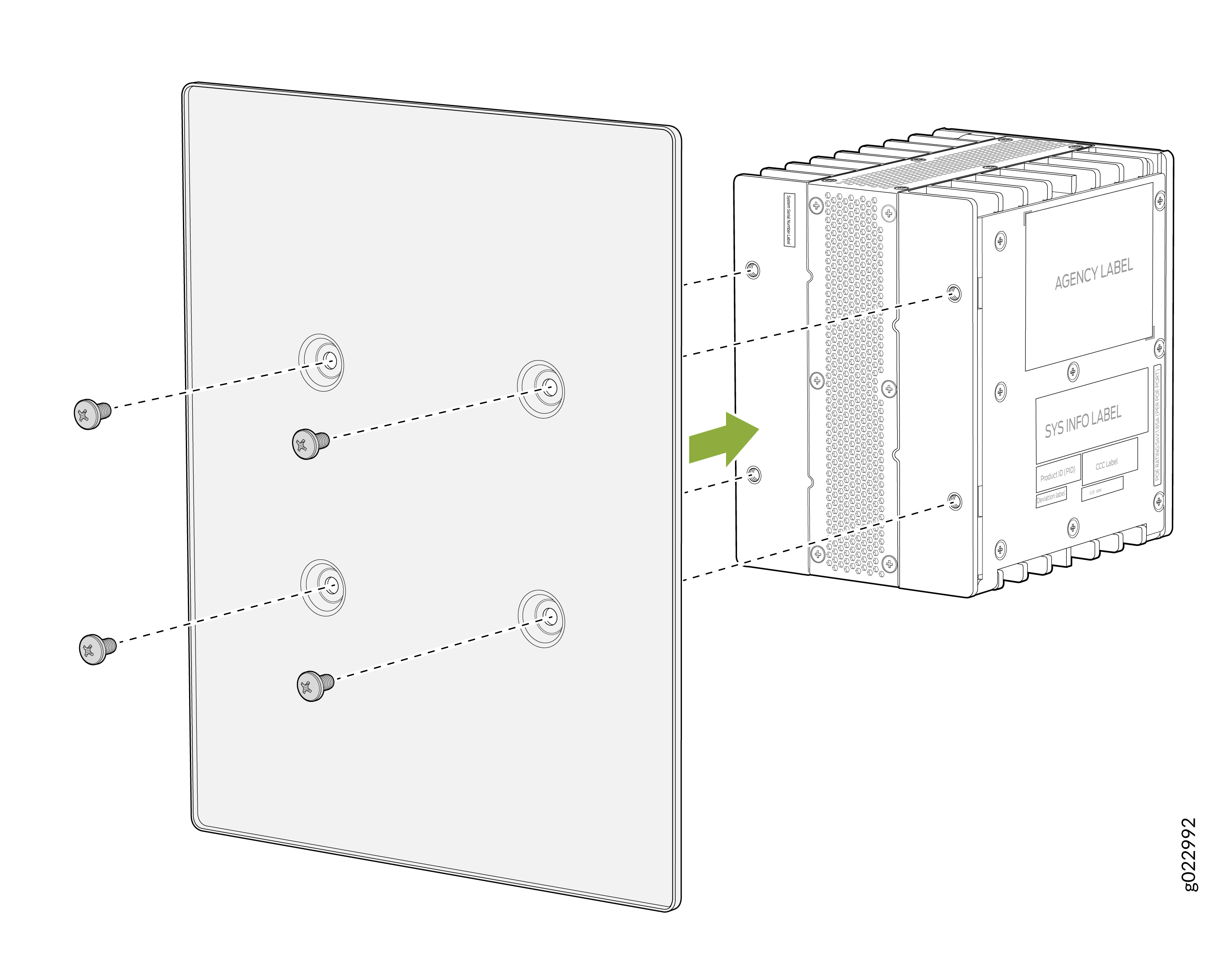 Exploded diagram of device assembly showing a panel attaching to a box-like unit with screws and labels for agency and system info.