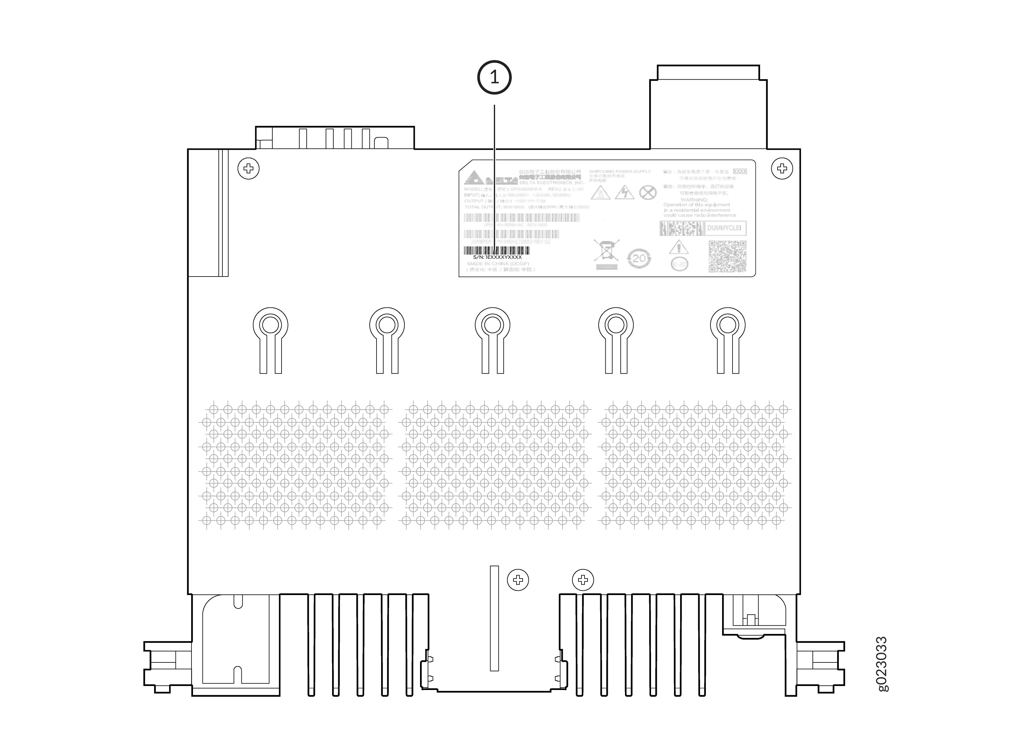 Technical diagram of an electronic component with labels, connection points, ventilation grid, heatsink fins, and mounting features.