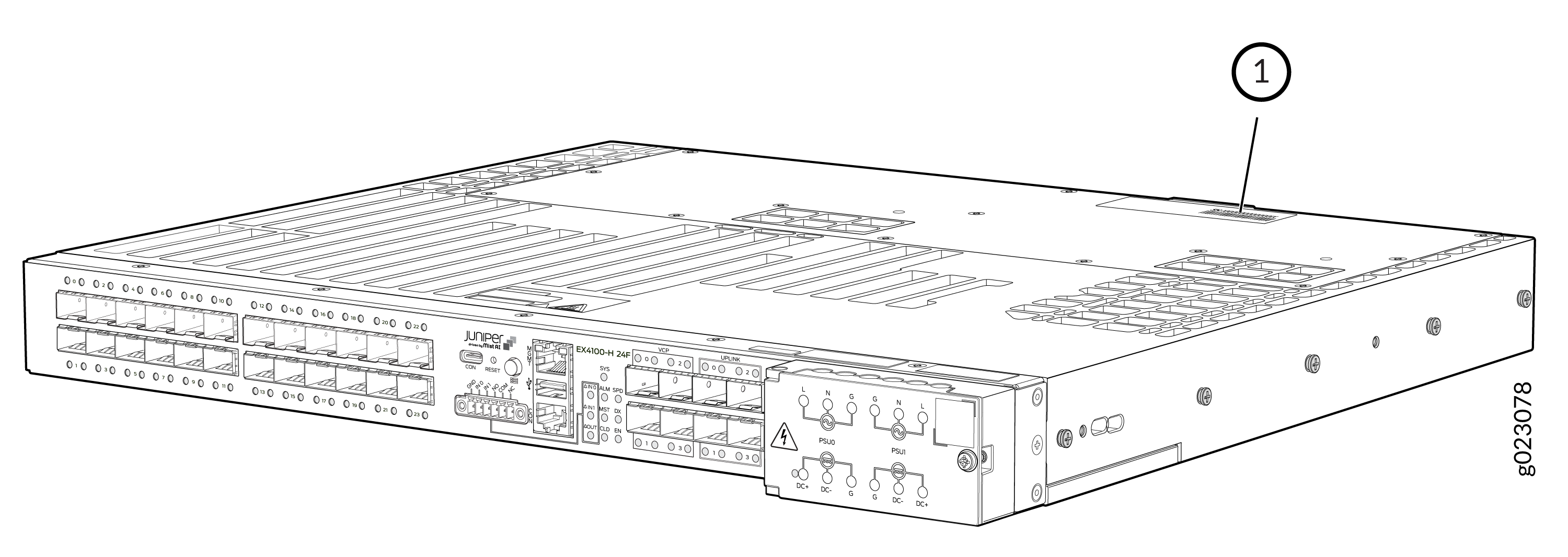 Line drawing of Juniper Networks EX4100-H 24F Ethernet Switch with 24 SFP ports and management ports for LAN connectivity.