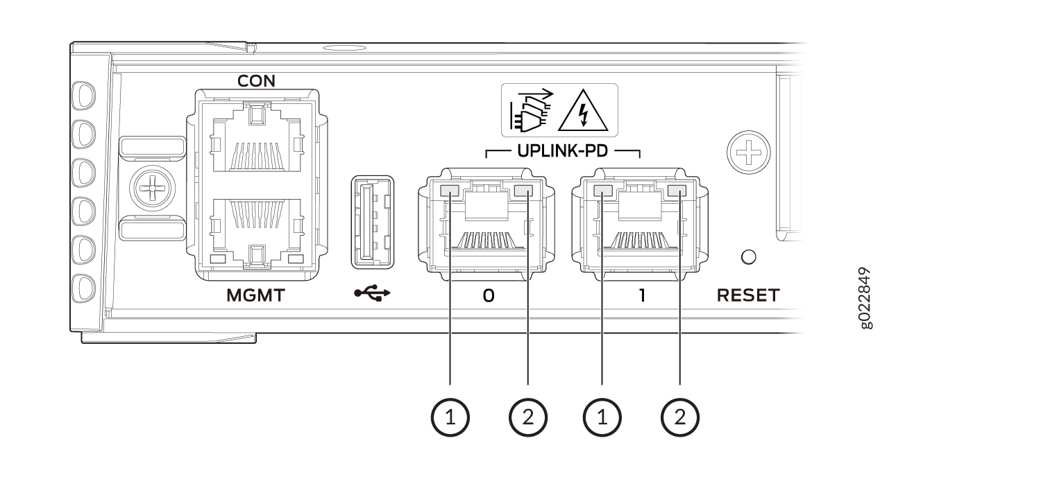 LEDs on the multigigabit BASE-T RJ-45 uplink ports on the EX4100-F-12P and EX4100-F-12T Switches