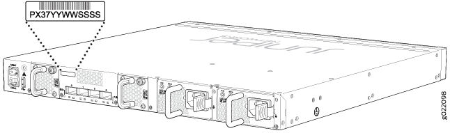 Location of the Serial Number ID Label on 24-Port and 48-Port EX4300 Switches Except EX4300-48MP and EX4300-48MP-S Switches