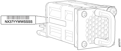 Location of the Serial Number ID Label on the Fan Module Used in an EX4300 Switches Except EX4300-48MP and EX4300-48MP-S Switches