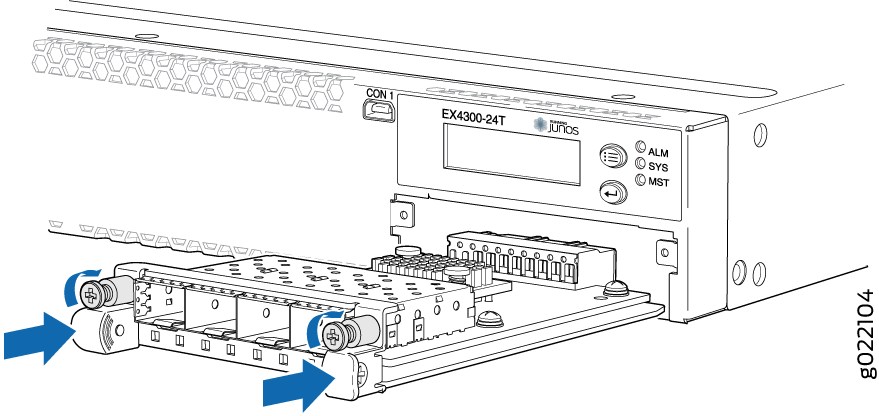 Installing a 4-Port 1-Gigabit Ethernet/10-Gigabit Ethernet SFP+ Uplink Module in a 24-Port or 48-Port EX4300 Switch Except EX4300-48MP and EX4300-48MP-S Switches