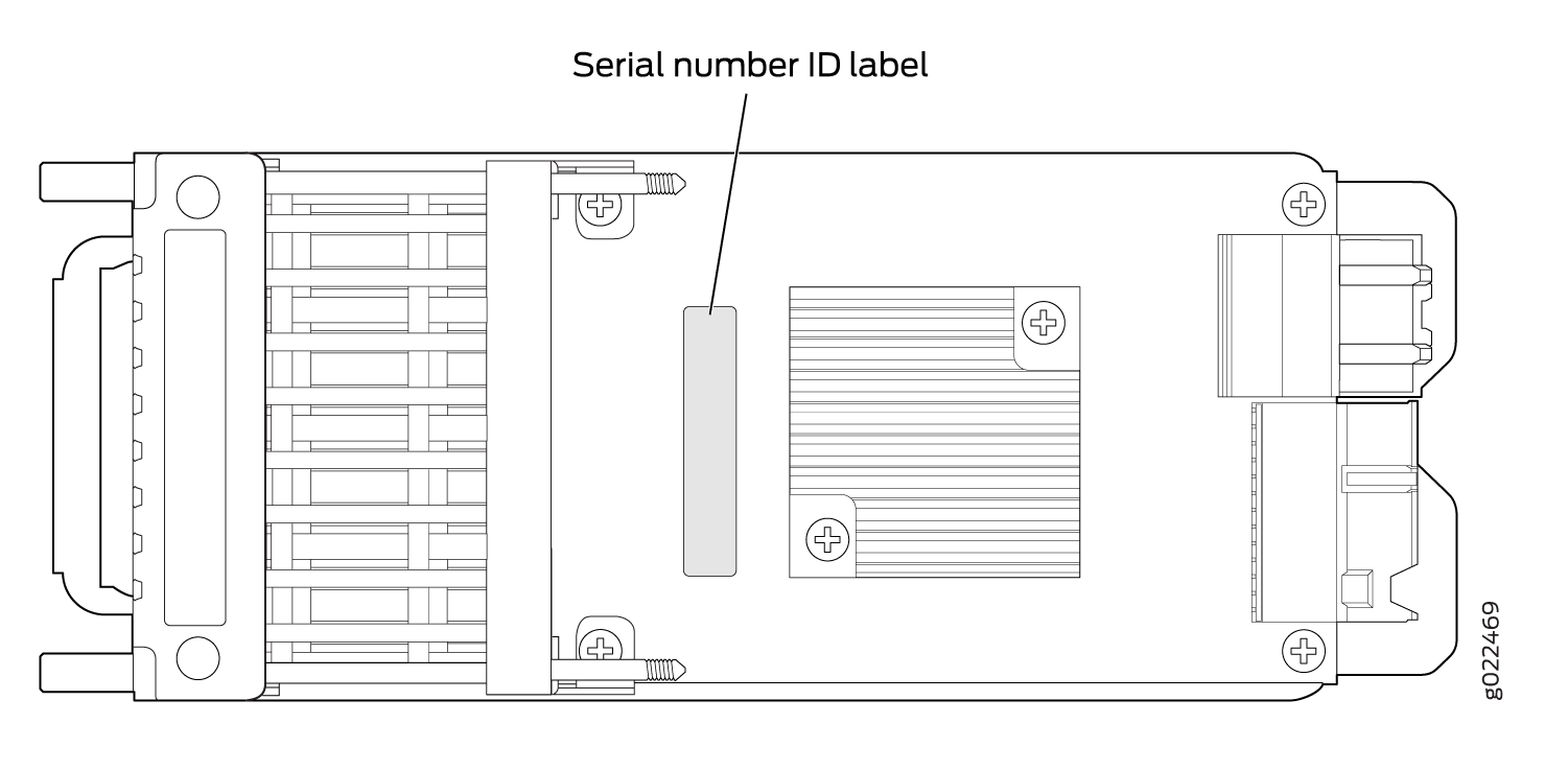 Location of the Serial Number ID Label on the 4-Port 1-Gigabit Ethernet SFP/10-Gigabit Ethernet SFP+ Uplink Module for EX4300-48MP Switches
