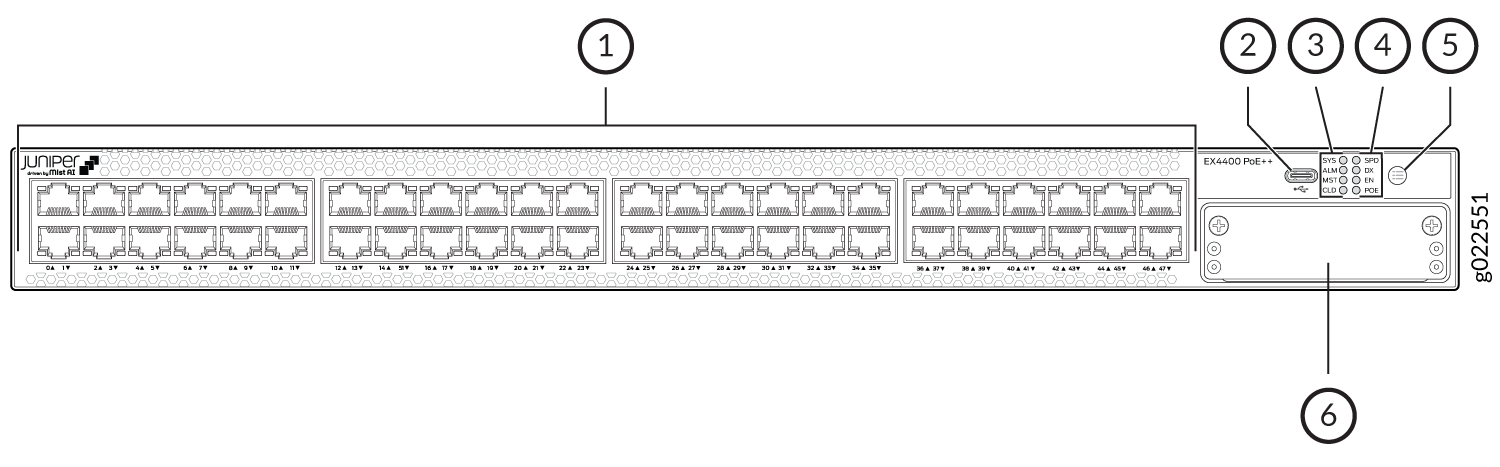 Components on the Front Panel of an EX4400-48P Switch