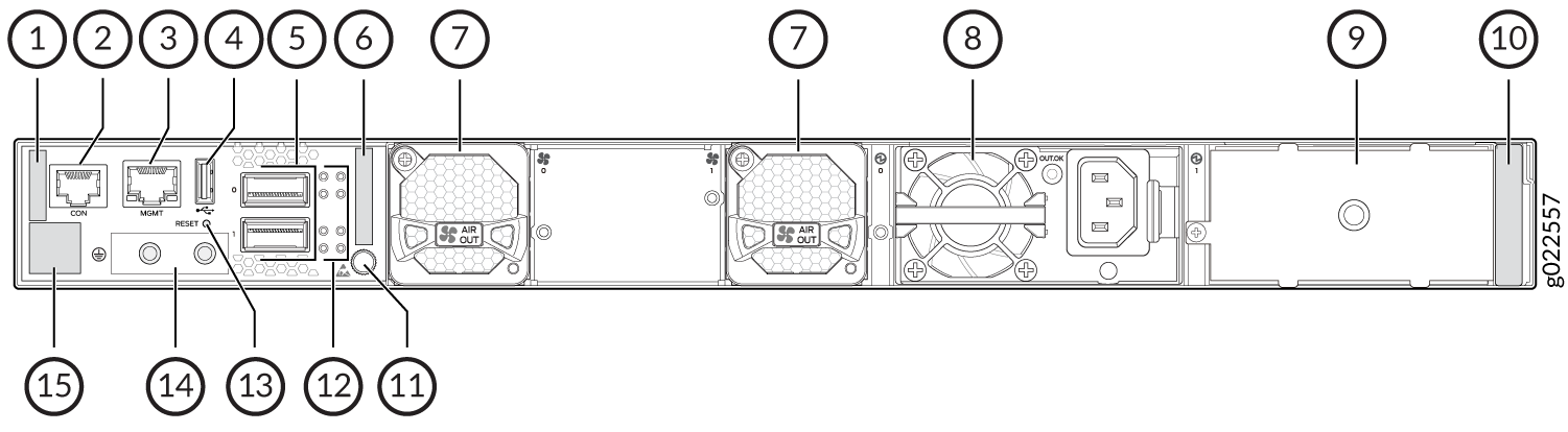 Components on the Rear Panel of an EX4400-24T Switch with an AC Power Supply