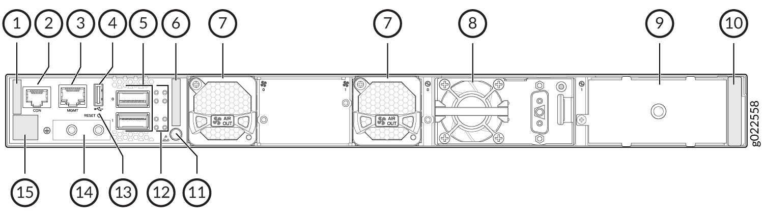 Components on the Rear Panel of an EX4400-24T Switch with a DC Power Supply