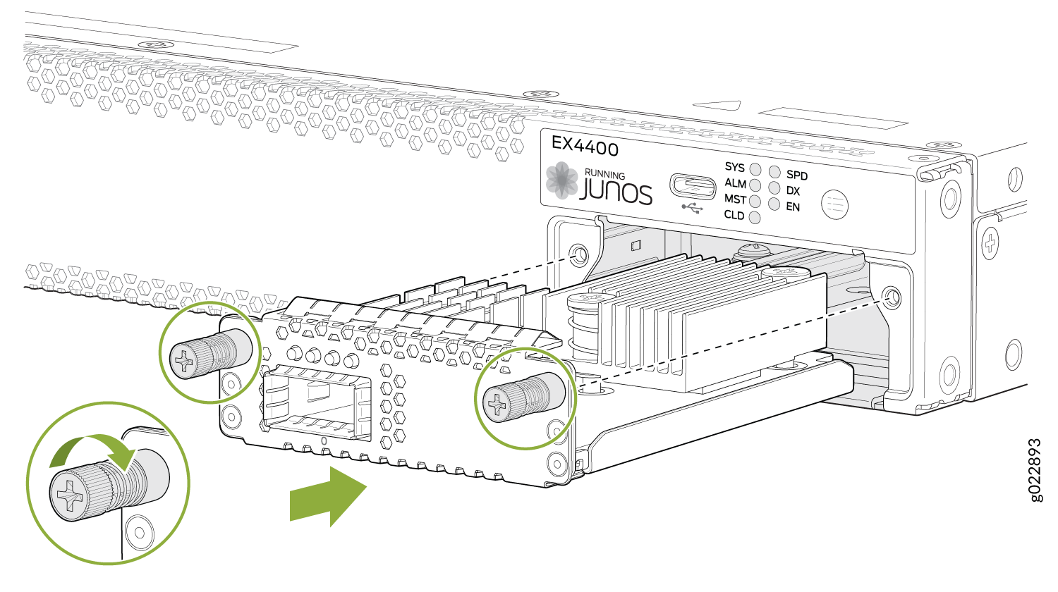 Install a 1x100GbE QSFP28 Extension Module in the EX4400 Switch