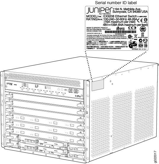 Location of the Serial Number ID Label on EX9208 Switch Chassis