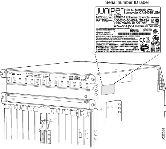 Location of the Serial Number ID Label on EX9214 Switch Chassis