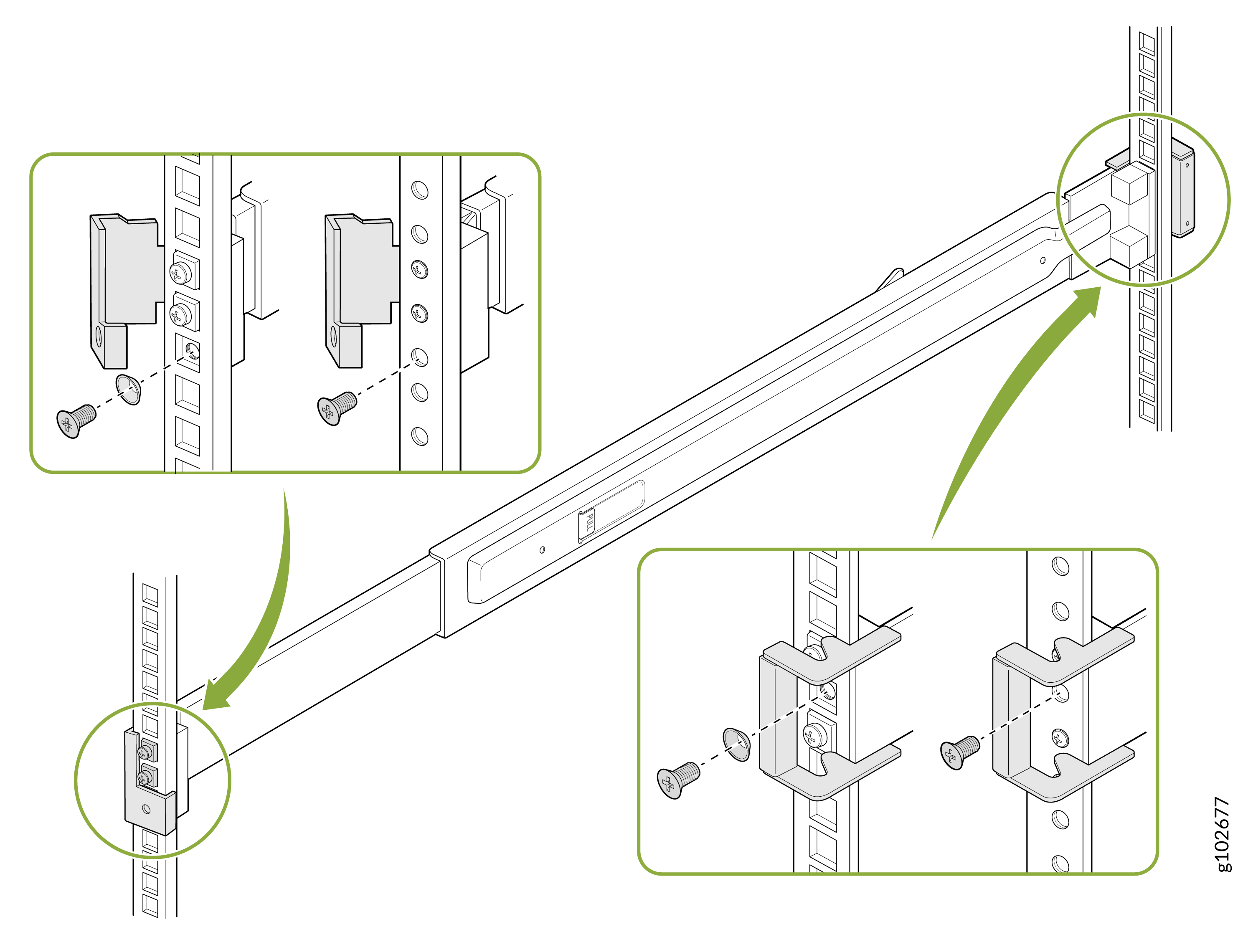 Instructional diagram for installing a rack-mount rail system with rails, mounting brackets, screws, vertical rack posts, and zoomed-in views showing details. Green arrows and circles highlight key installation steps.