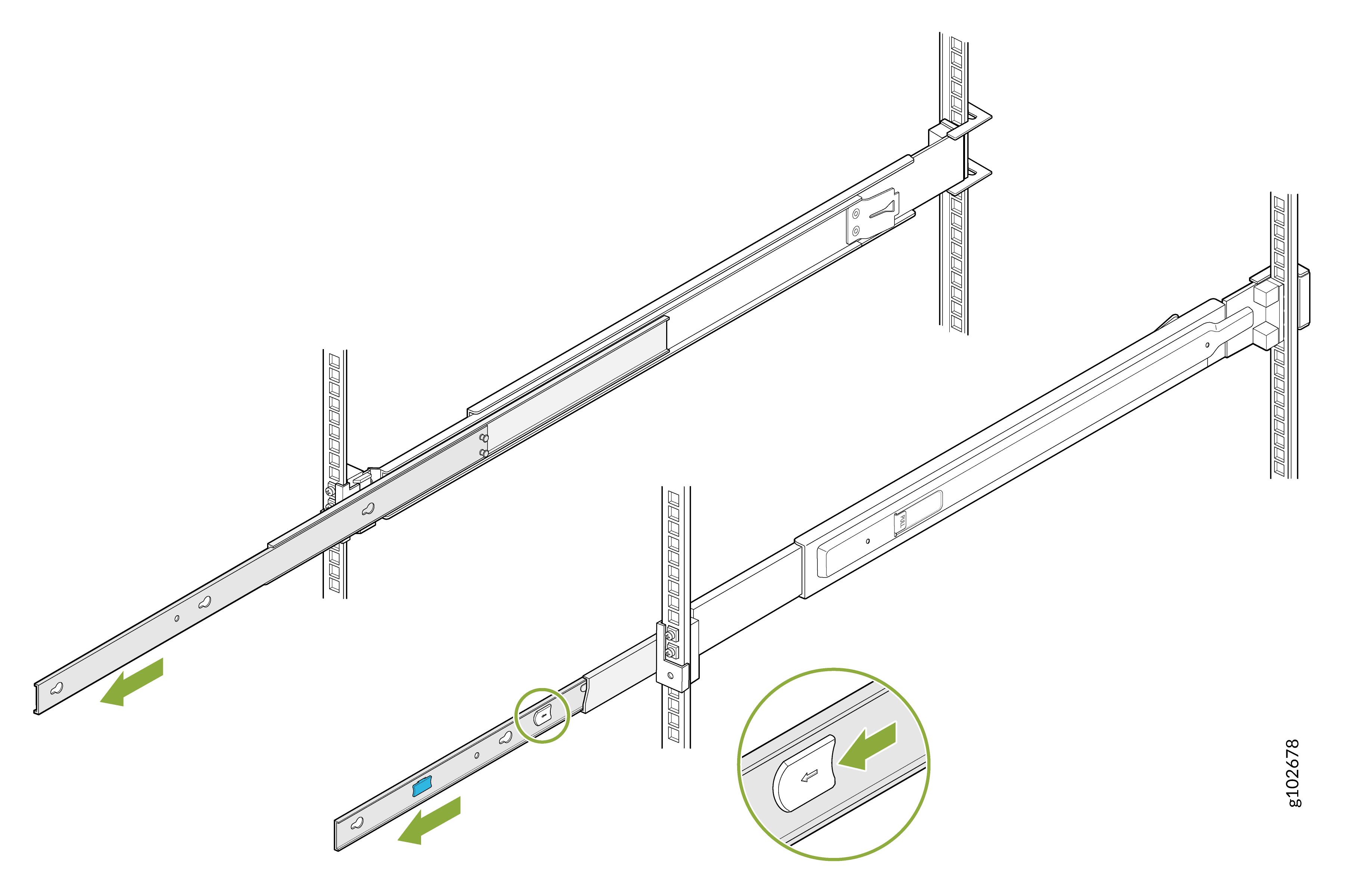 Illustration of sliding rails being installed onto vertical rack posts with arrows showing movement direction and zoom-in of a locking mechanism.