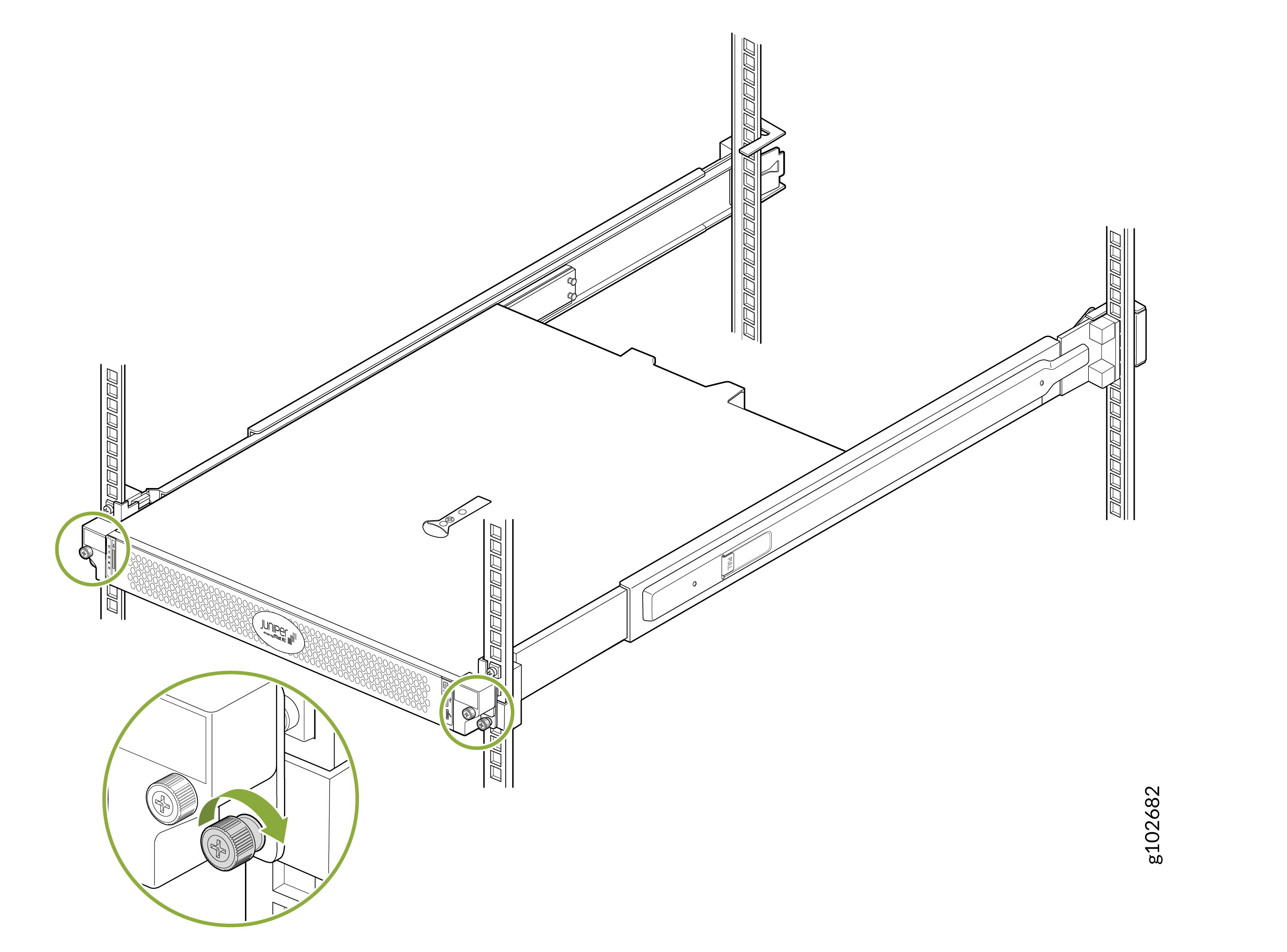 Rack-mounted server secured on sliding rails in a server rack with a close-up of a fastening mechanism.