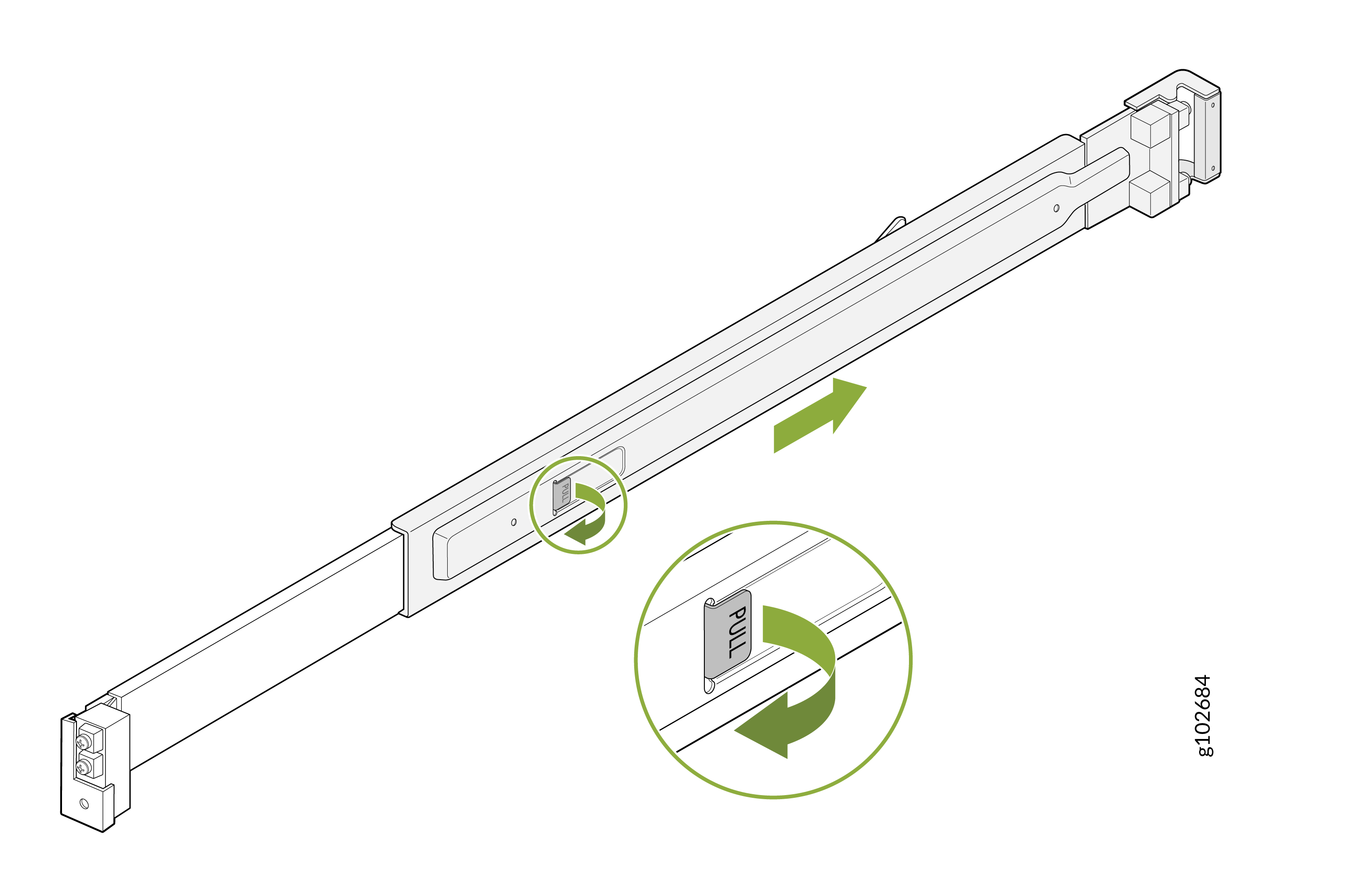 Adjusting telescopic rail with green arrows indicating movement direction and close-up of PULL tab for operation.