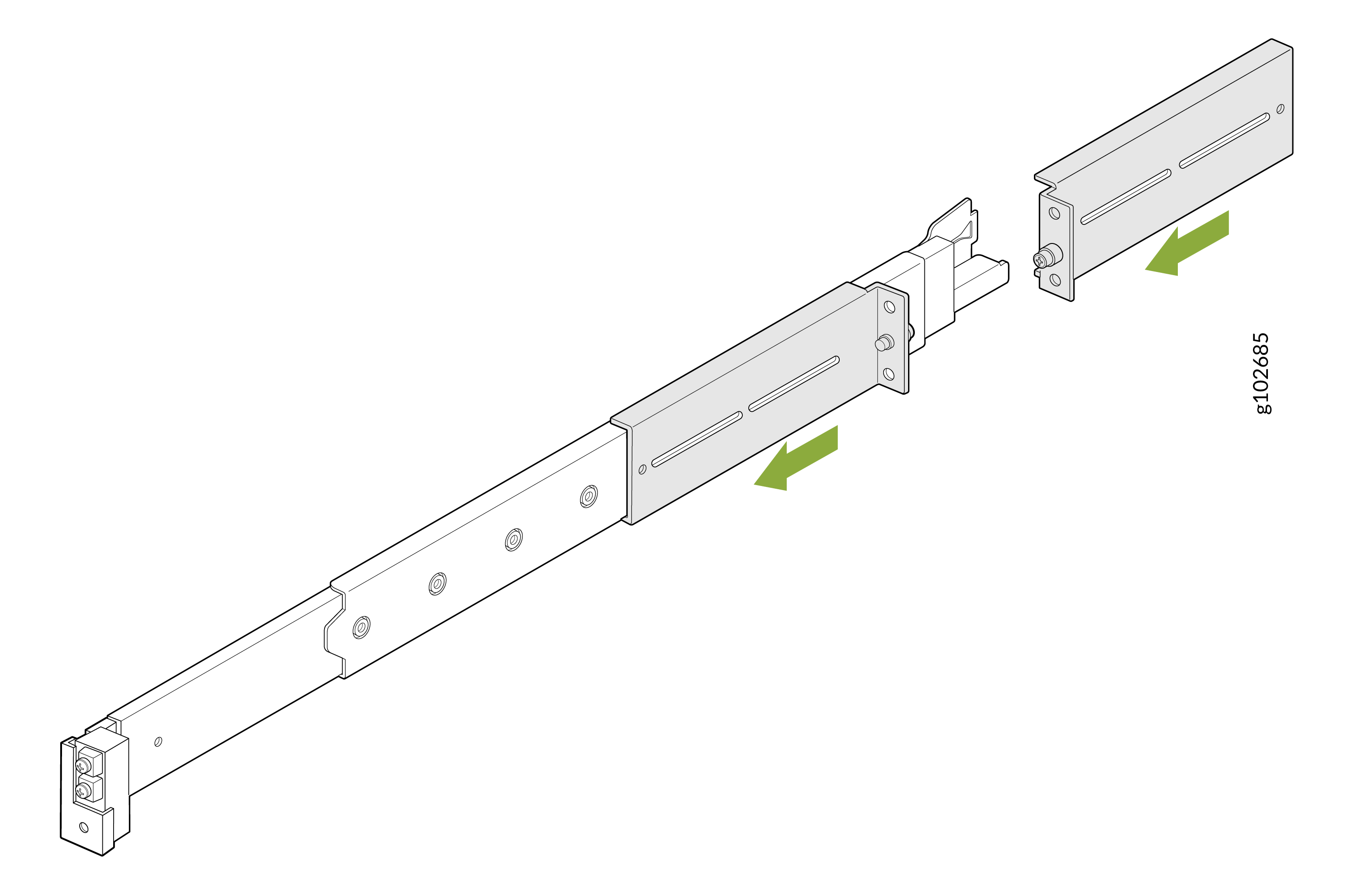 Exploded view of a telescopic rail mechanism with arrows showing assembly direction; includes main rail, sliding sections, and adjustable brackets.