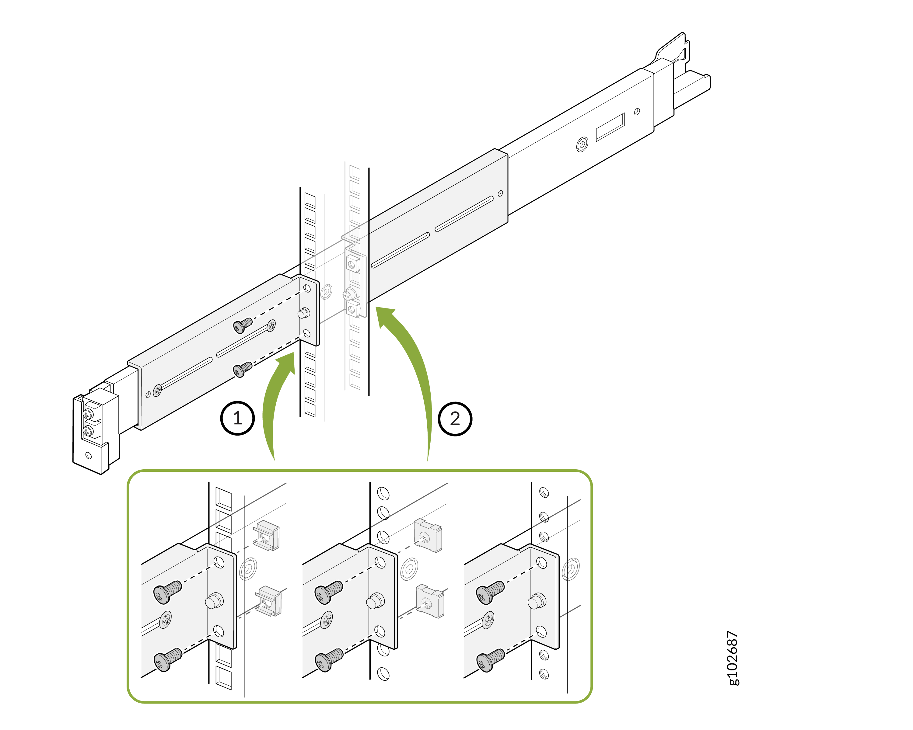 Rack-mount rail system installation guide showing how to attach rails to vertical rack posts with screws and brackets.