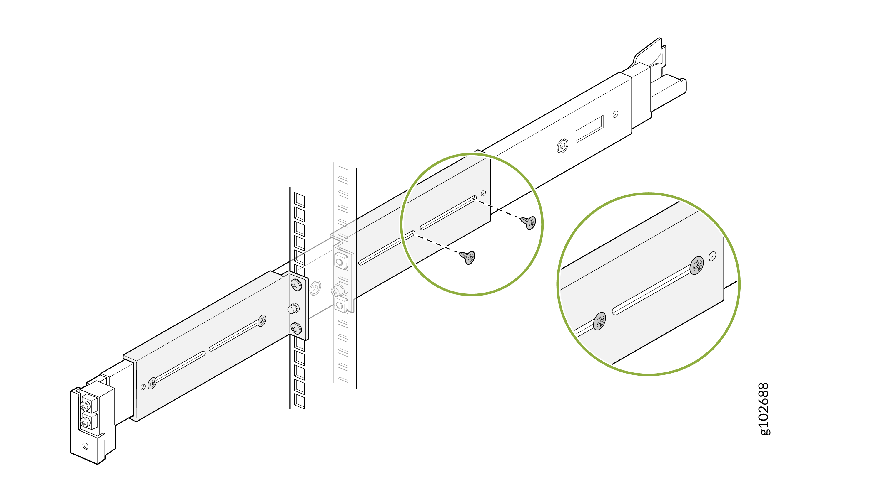 Sliding rail assembly being secured to a vertical rack post with screws, used for mounting servers in data centers.