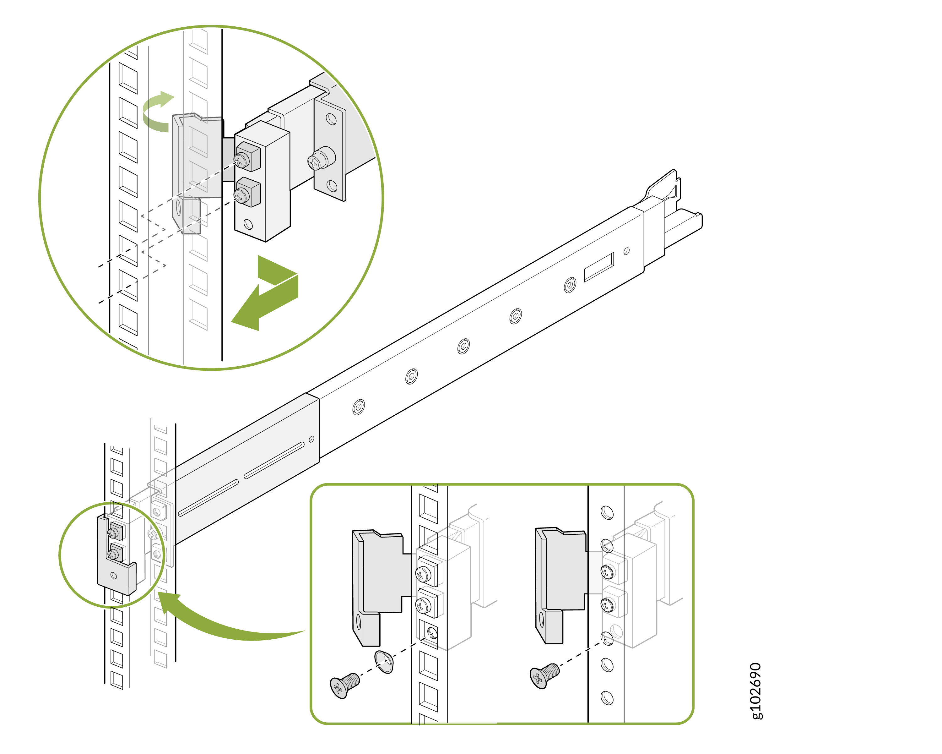 Assembly guide showing attachment of a horizontal beam to a vertical frame using brackets and screws, with arrows for direction.