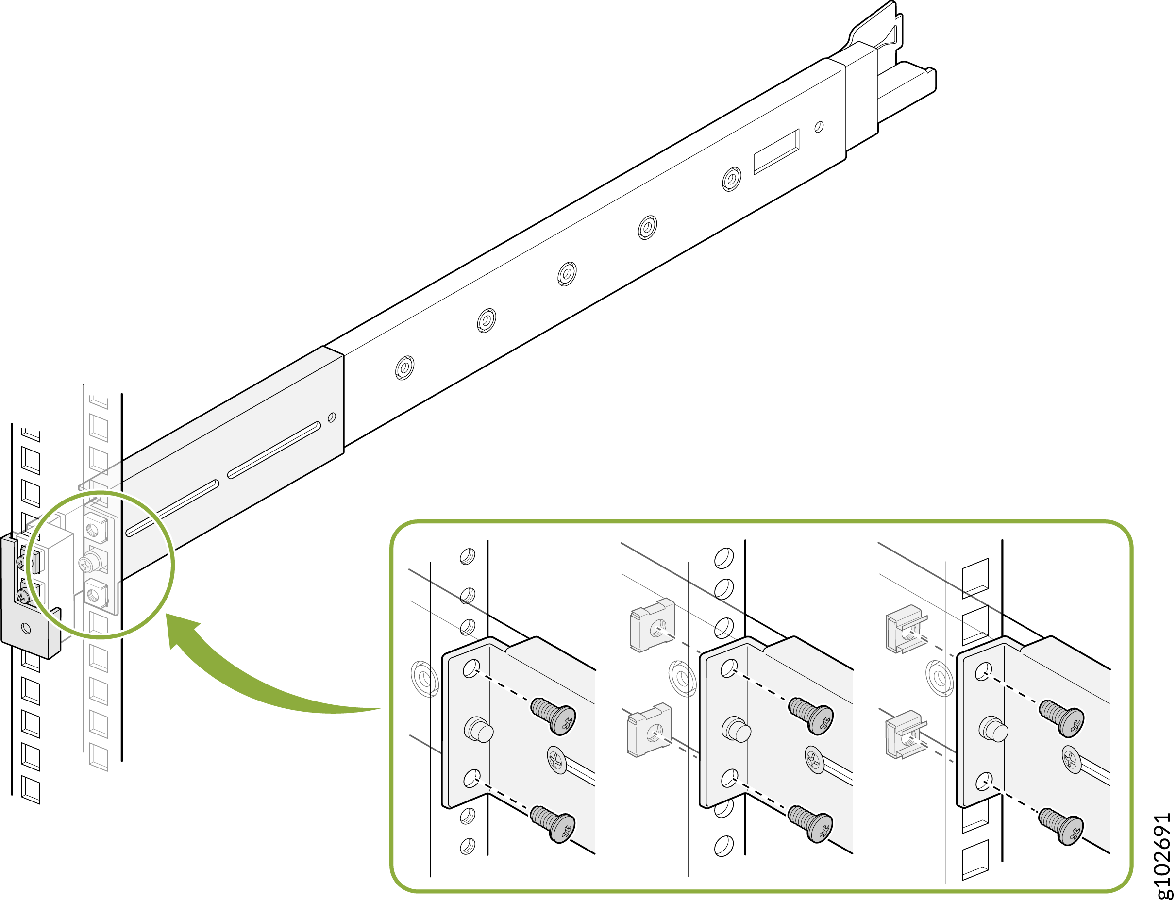 Installation guide for attaching a server rack rail using screws and nuts in a data center environment.