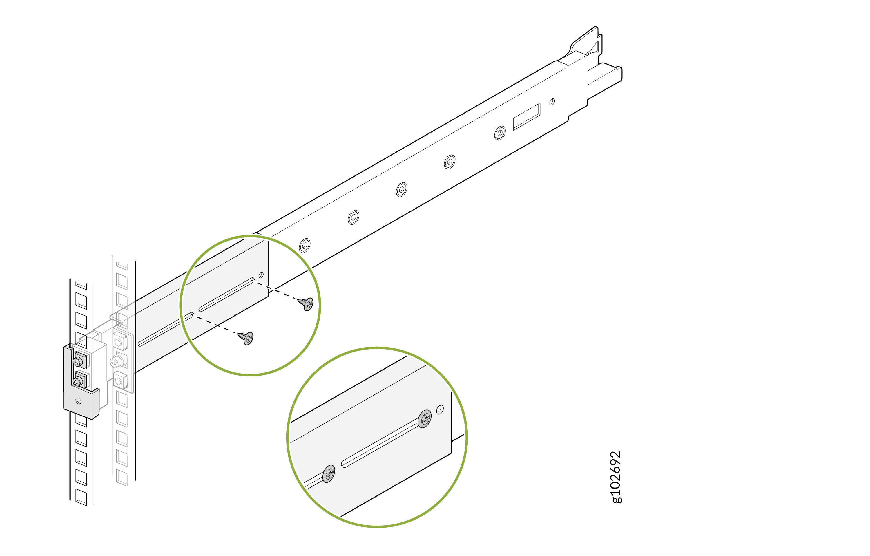 Illustration of a rail bracket being attached to a vertical frame with screws, showing adjustable slots for shelving configuration.