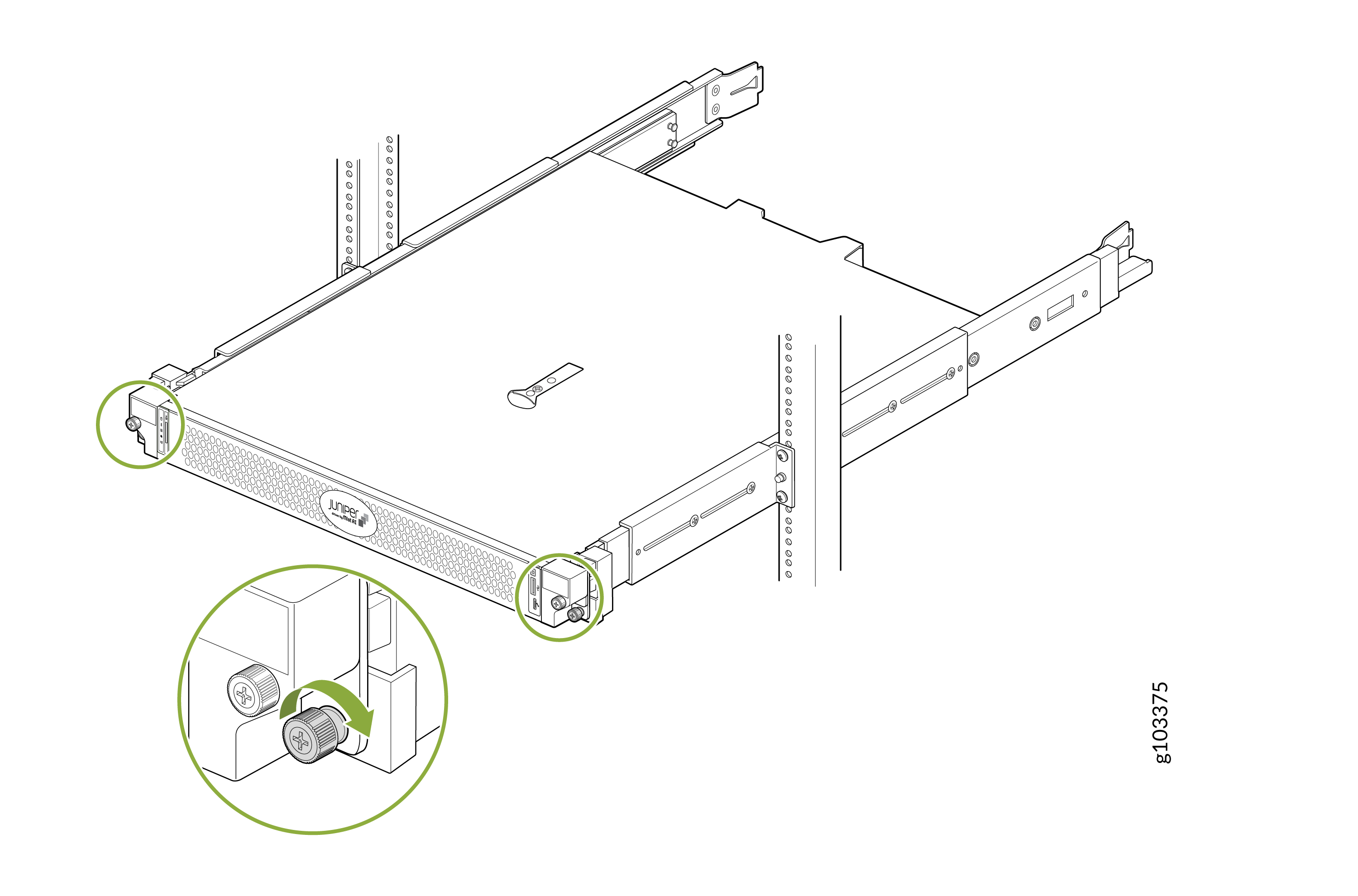 Rack-mounted Juniper Networks device installation with focus on securing mechanism, attachment points, and sliding rails.