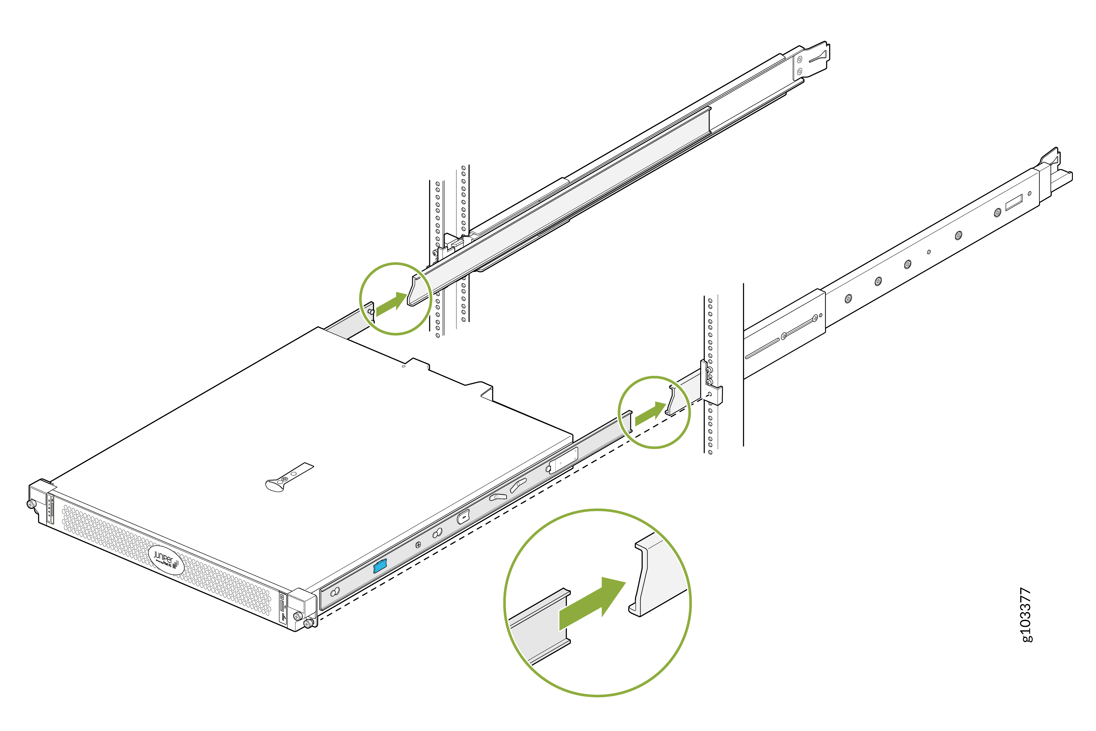 Illustration of server installation into rack using sliding rails with green arrows highlighting attachment points and securing mechanism.
