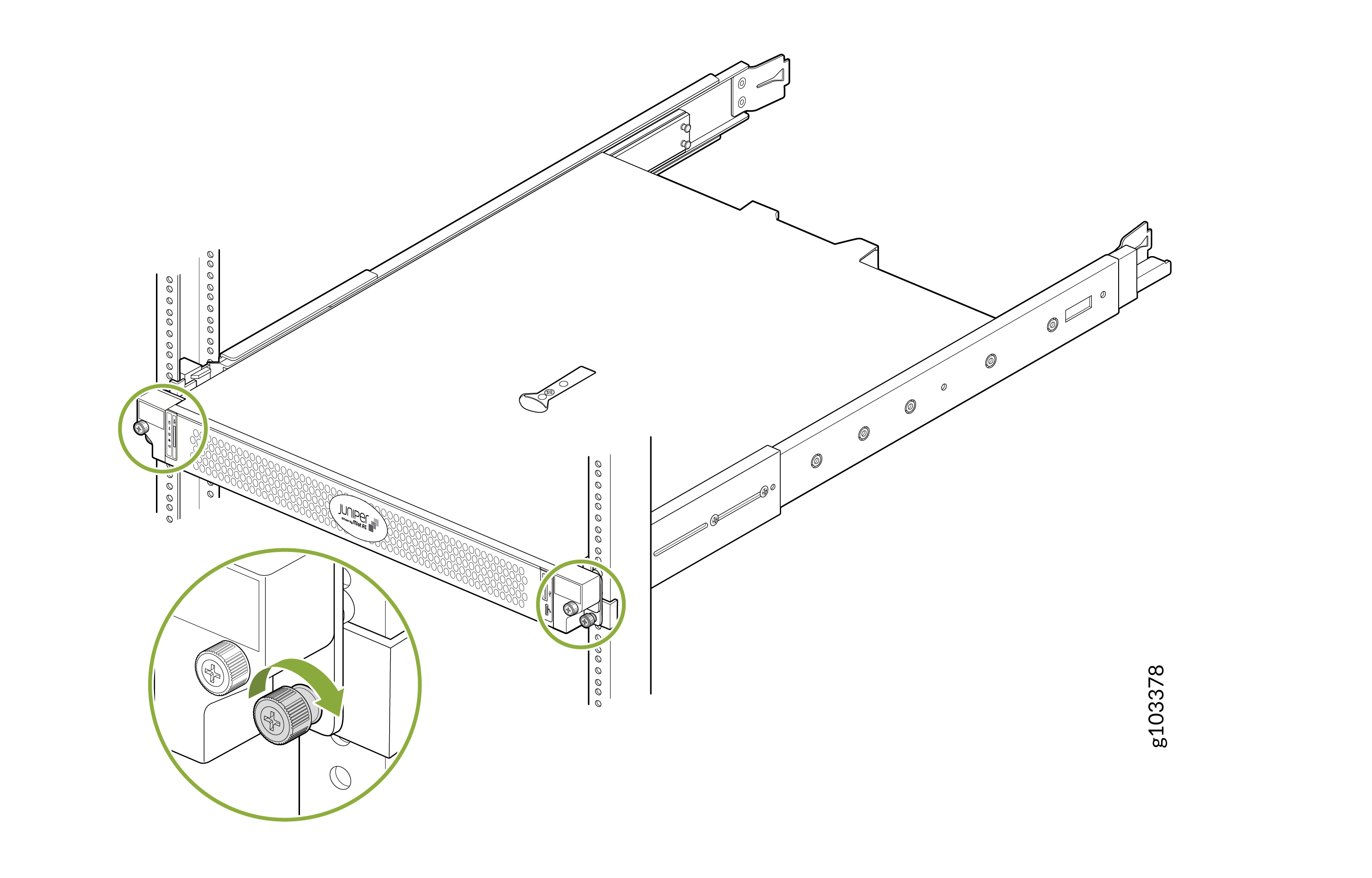 Installation of a Juniper Networks device into a rack, highlighting attachment to rack rails with screws, with green circles marking fastening points.