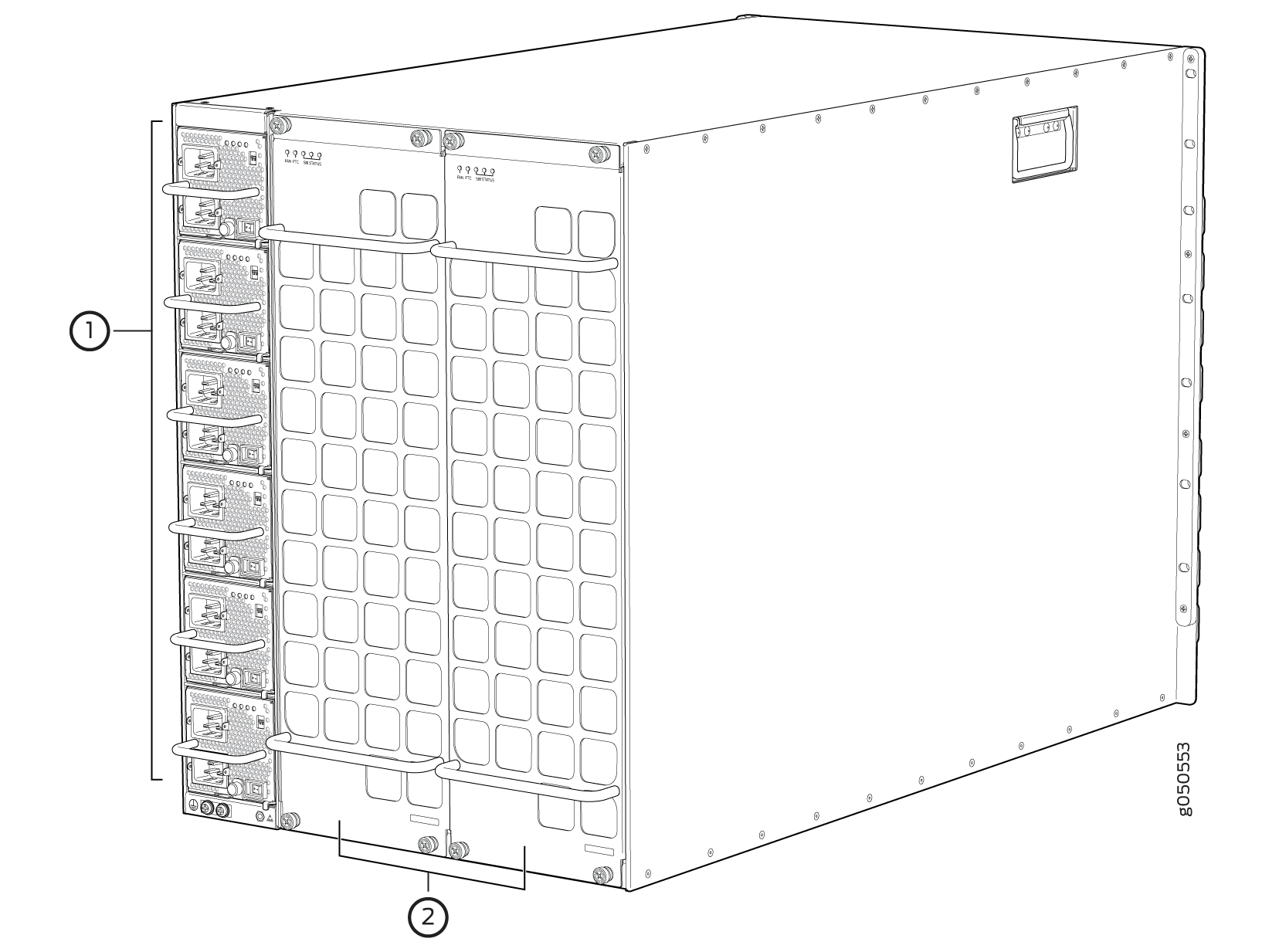 Installed JNP10008-FAN, with JNP10K-PWR-AC Power Supplies in an MX10008 Router