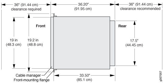 Chassis Dimensions and Clearance Requirements for the MX2008 Router with the Extended Cable Manager