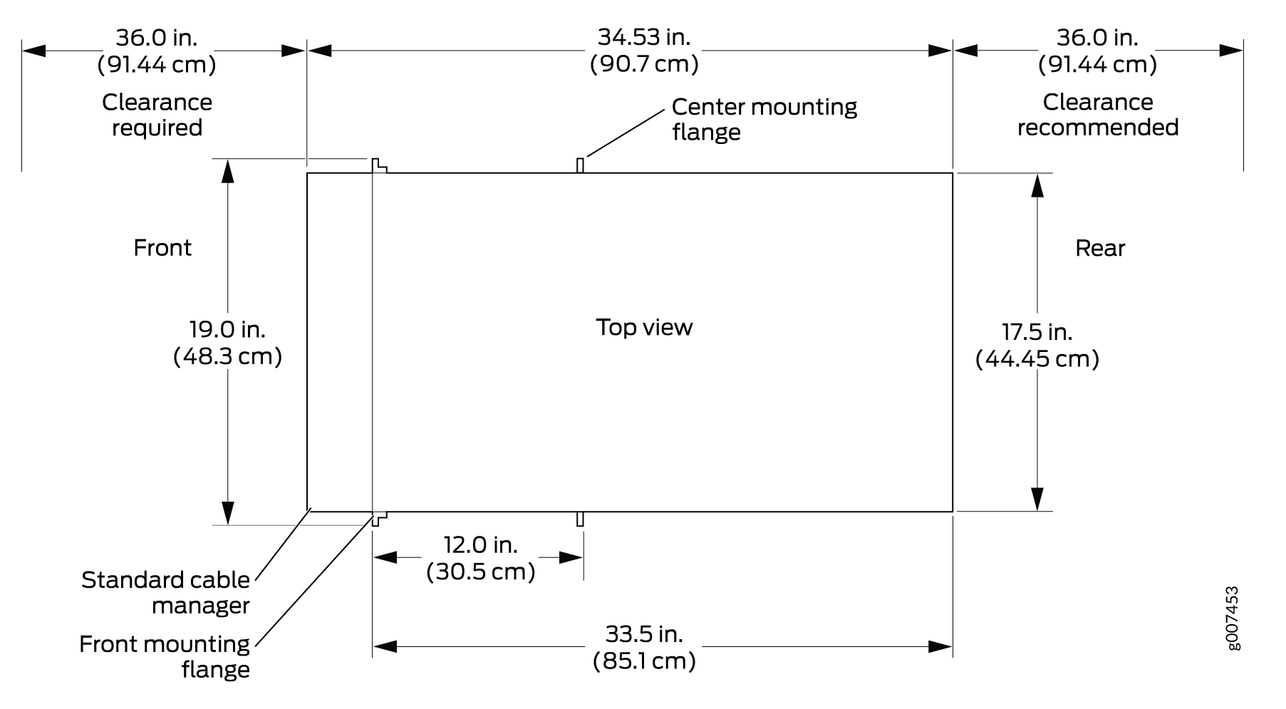 Chassis Dimensions and Clearance Requirements for the MX2008 Router with the Standard Cable Manager