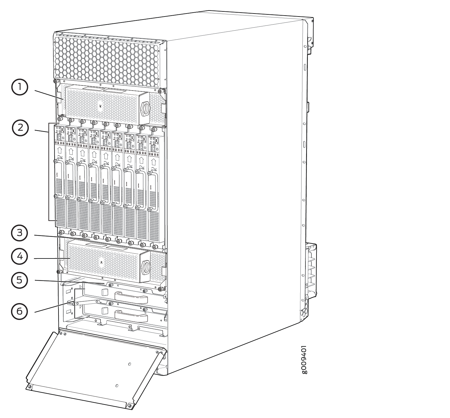 Rear View of a Fully Configured AC-Powered MX2008 Router Chassis